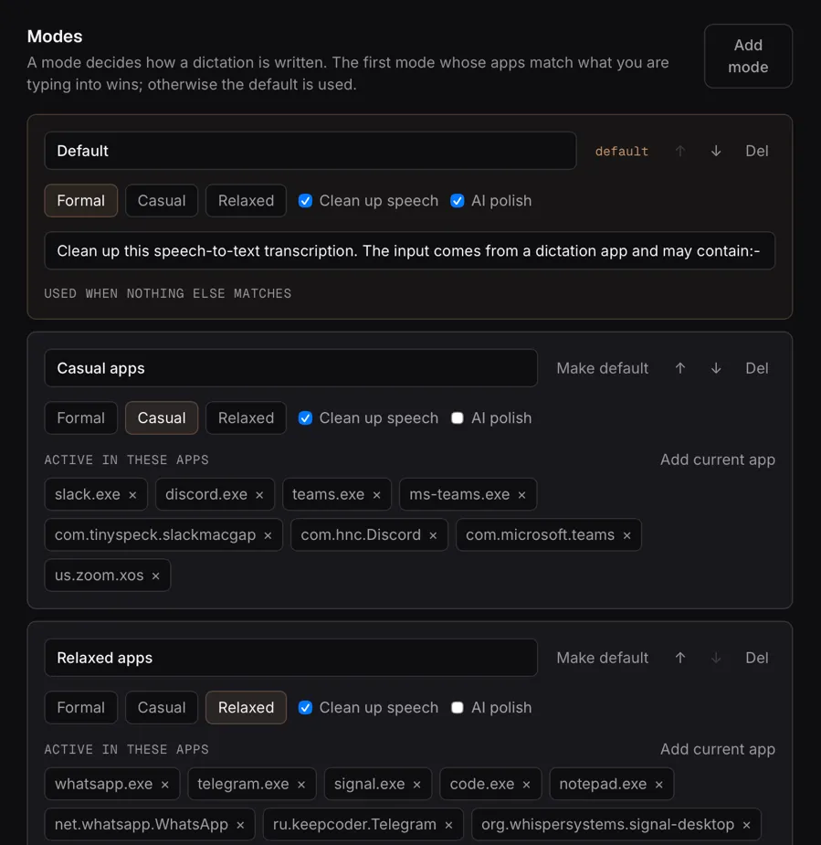 The Modes tab. A Default mode with Formal style, speech cleanup and AI polish on; a Casual mode for slack.exe, discord.exe and their macOS bundle identifiers; and a Relaxed mode for WhatsApp, Telegram, Signal and code editors.